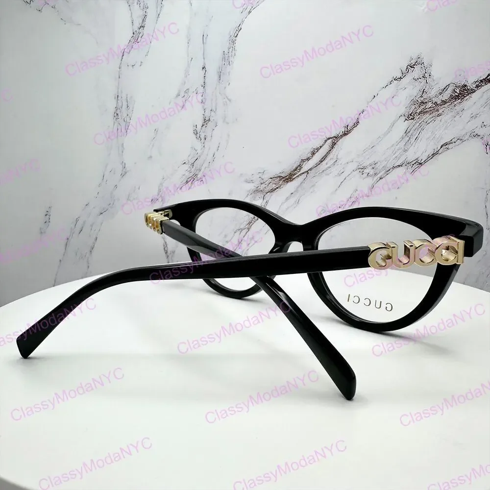 New GUCCI Eyeglasses Black 50mm Acetate Cat Eye Gold Cut Out Metal Logo Rx-able